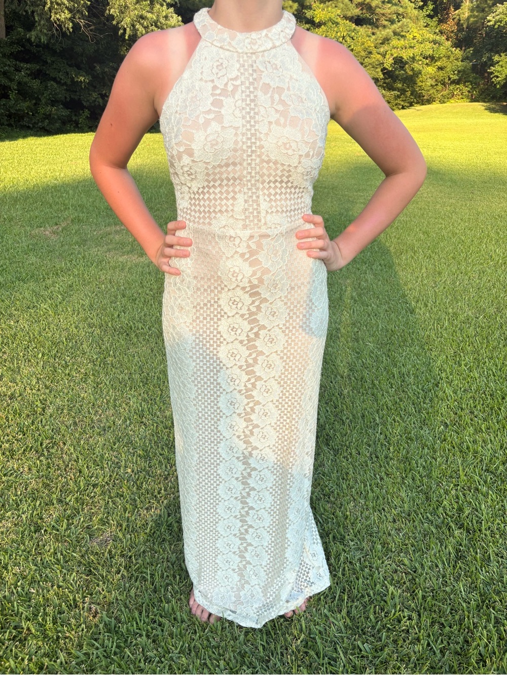Night Way Collections Ivory Halter Lace Maxi Dress